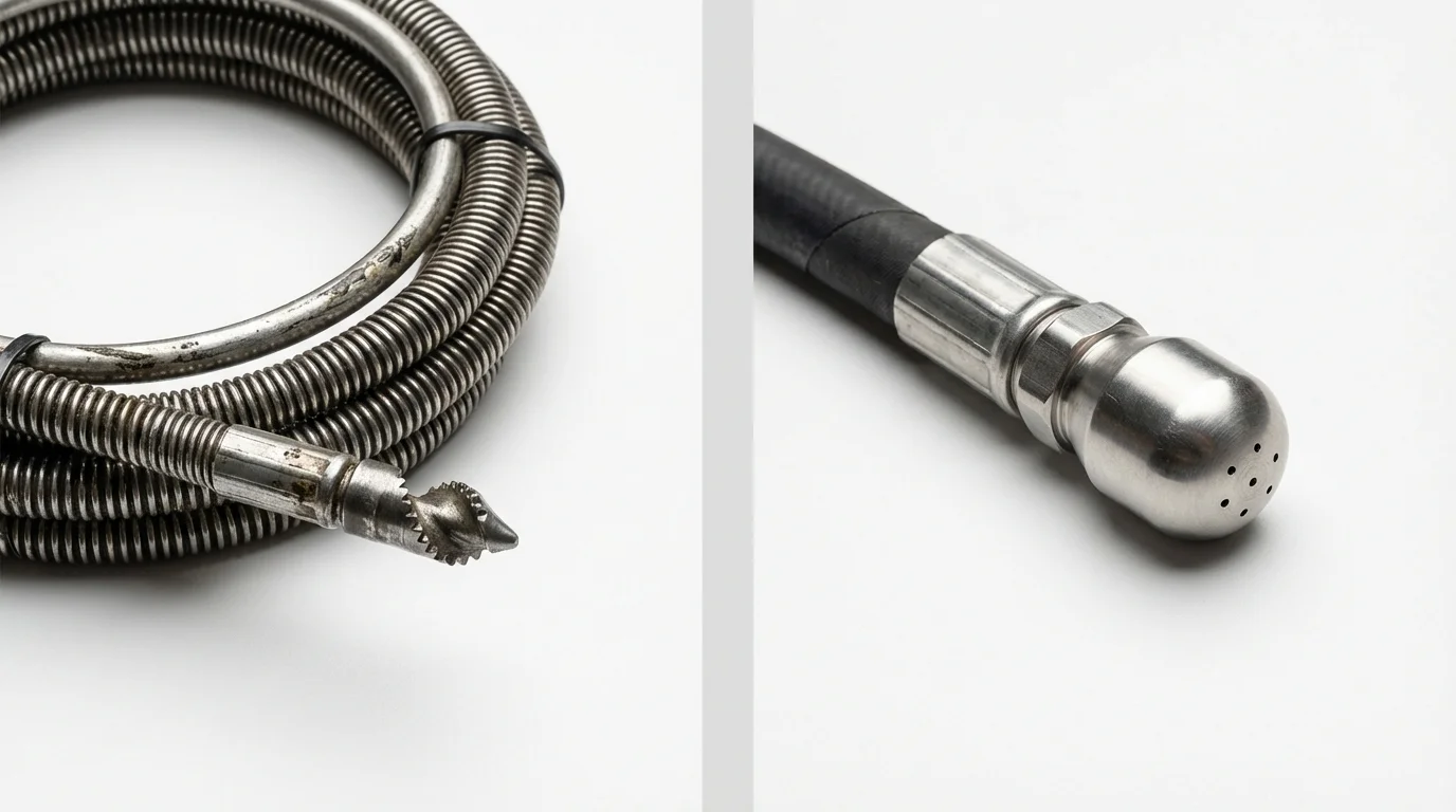 Drain snake cable and hydro jetting nozzle used for drain cleaning in Chester, CA
