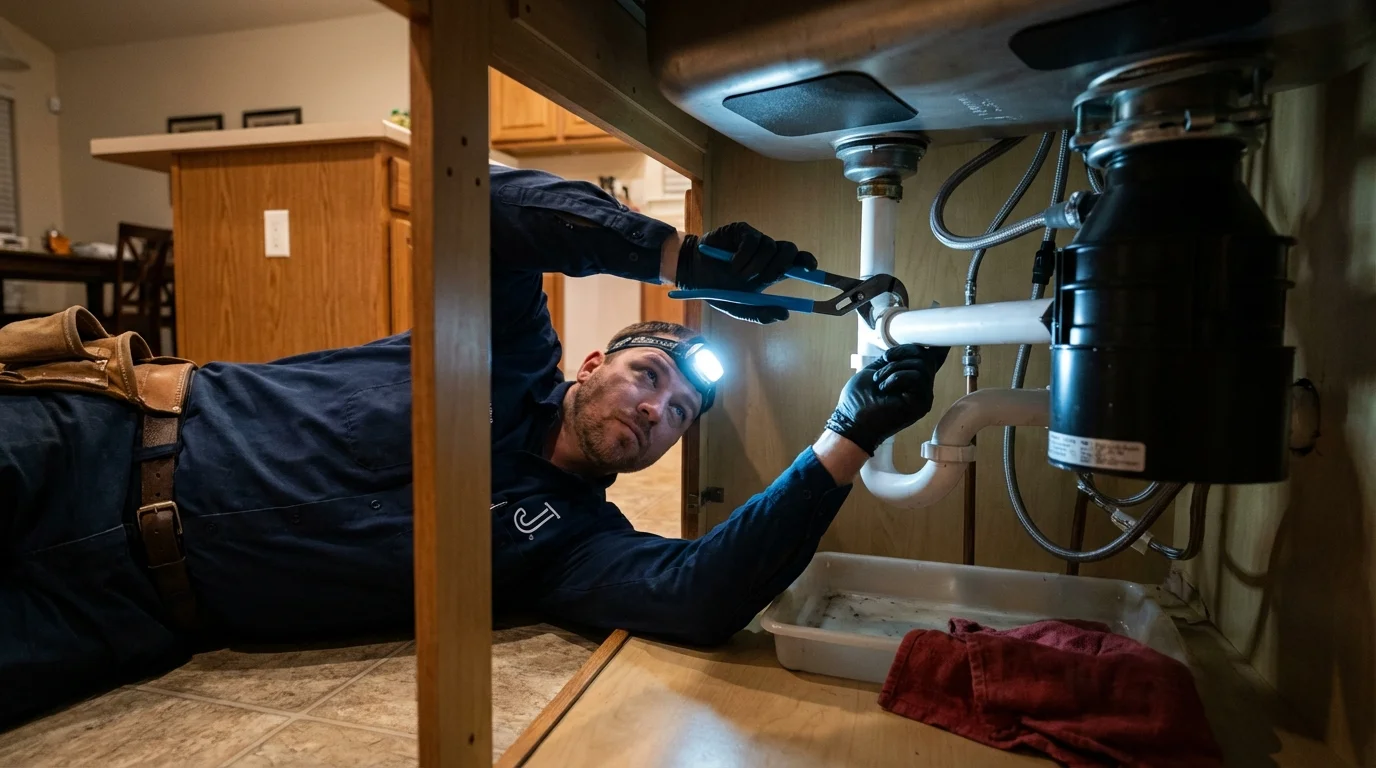 P-trap and supply line connections under a kitchen sink showing a common leak point in Chester, CA